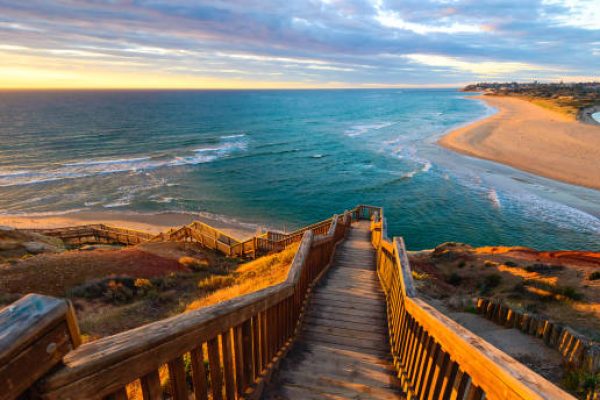 South Port Beach boardwalk at sunset, Port Noarlunga, South Australia