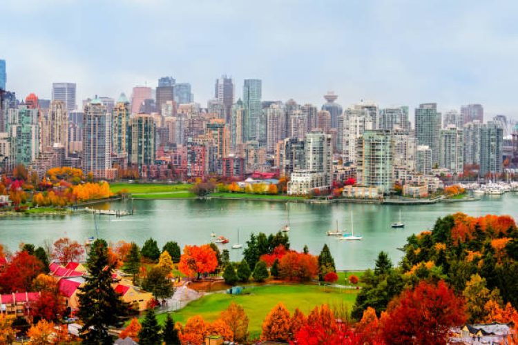 colorful autumn landscape of a modern city with yachts and skyscrapers by the river